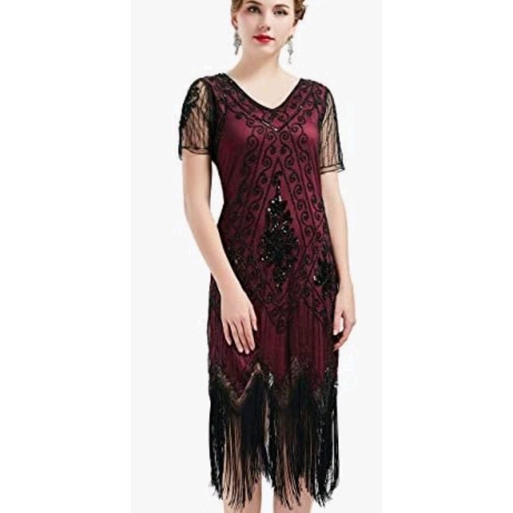 BABEYOND‎ 1920s Art Deco Fringed Sequin Dress Roaring 20s Flapper Fancy Dress XL